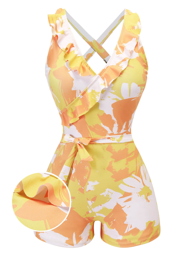 Yellow 1940s Painting Plants Lace-Up Swimsuit, vintage swimsuit, pin-up swimwear - perfect for women who love vintage and retro fashion