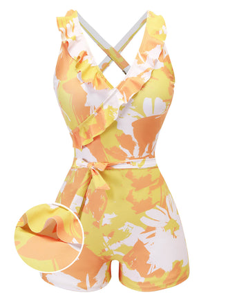 Yellow 1940s Painting Plants Lace-Up Swimsuit, vintage swimsuit, pin-up swimwear - perfect for women who love vintage and retro fashion