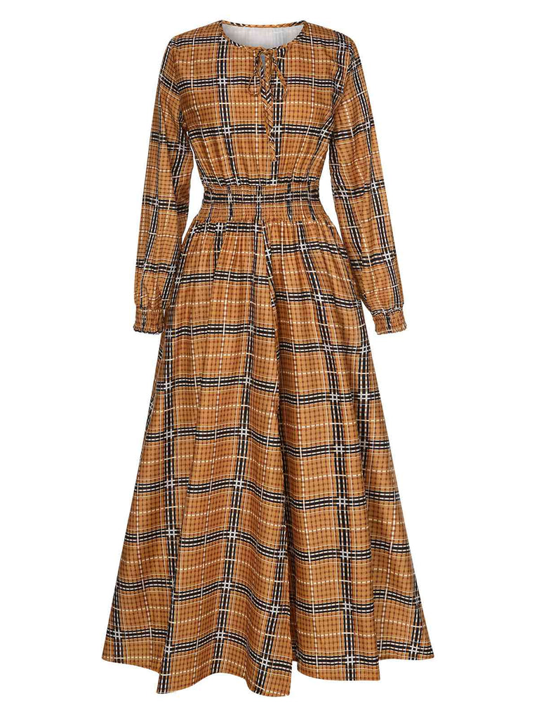 She slips into this Yellow 1940s Plaid Smocked Lace-Up Dress and suddenly it's a 1940s daydream