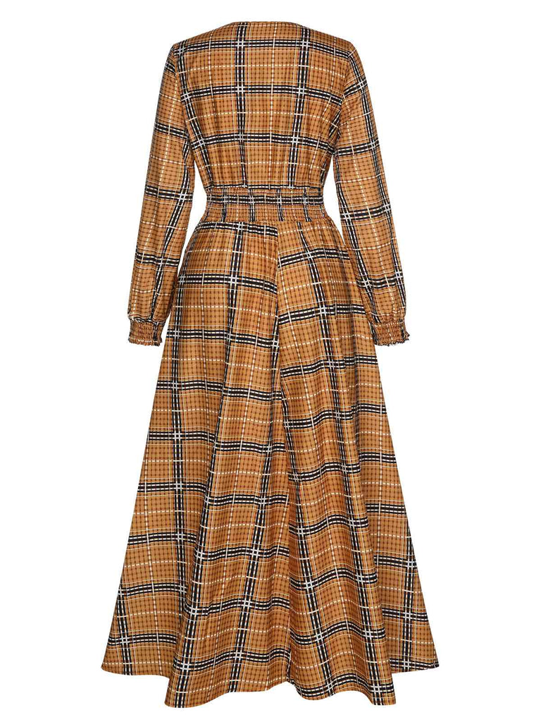 Yellow 1940s Plaid Smocked Lace-Up Dress, vintage dress, retro fashion, lace detail - perfect for women who love vintage and retro fashion