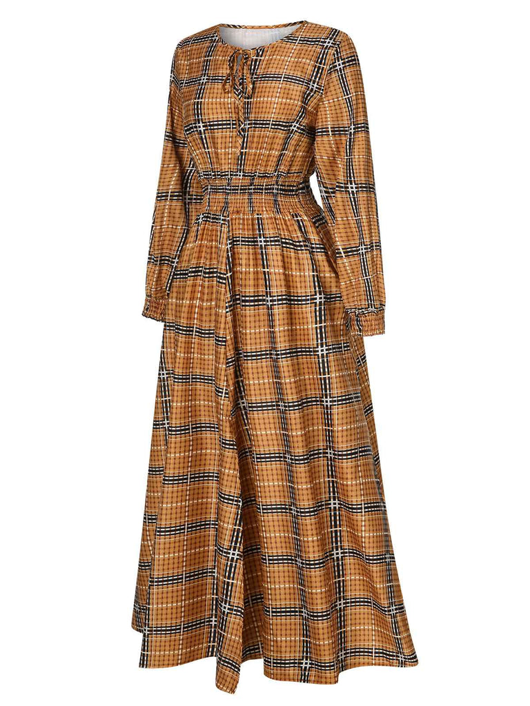 Yellow 1940s Plaid Smocked Lace-Up Dress, vintage dress, retro fashion, lace detail - perfect for women who love vintage and retro fashion