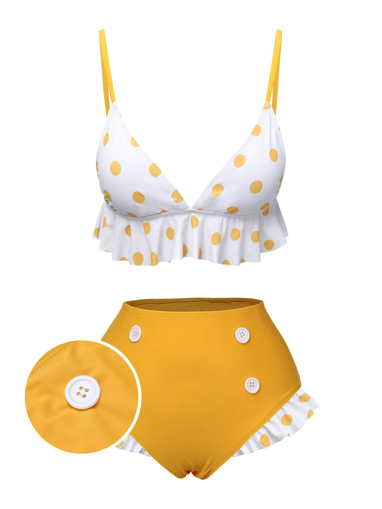 Yellow 1940s Polka Dot Ruffle Swimsuit, vintage swimsuit, pin-up swimwear - perfect for women who love vintage and retro fashion