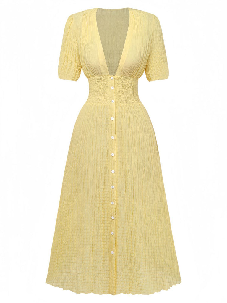 Yellow 1940s Puff Sleeve Button-Down Midi Dress - vintage dress, retro fashion