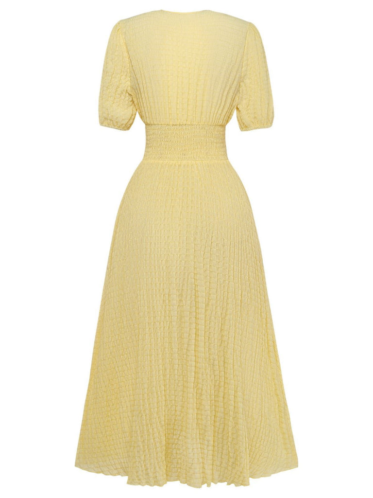 Yellow 1940s Puff Sleeve Button-Down Midi Dress - vintage dress, retro fashion