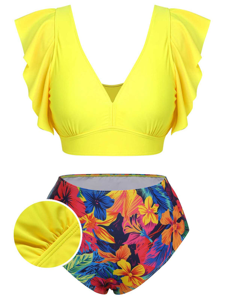 She's wearing Yellow 1940s Ruffles Floral Swimsuit and the whole beach remembers the 1940s