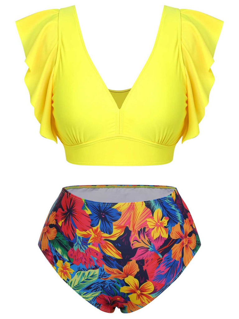 Yellow 1940s Ruffles Floral Swimsuit: 1940s Riviera elegance, reimagined for her