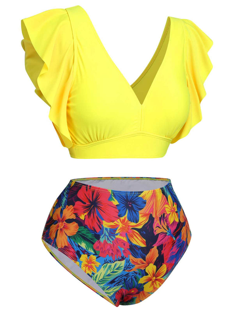 This Yellow 1940s Ruffles Floral Swimsuit carries 1940s vacation dreams in every stitch