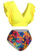 This Yellow 1940s Ruffles Floral Swimsuit carries 1940s vacation dreams in every stitch