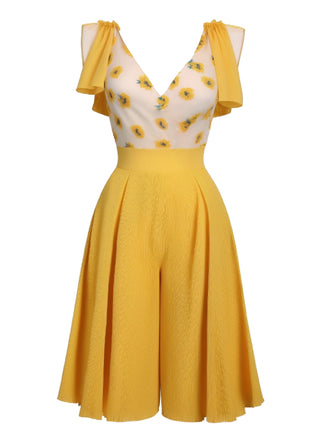 Yellow 1940s V-Neck Sunflower Patchwork Jumpsuit: timeless style reimagined