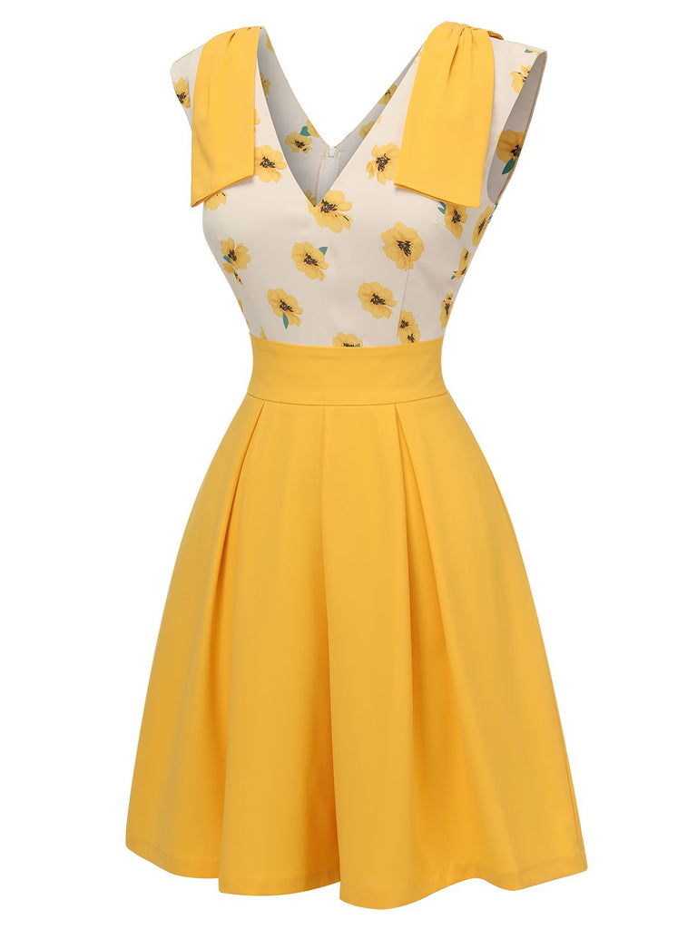 Yellow 1940s V-Neck Sunflower Patchwork Jumpsuit, vintage romper, retro jumpsuit - perfect for women who love vintage and retro fashion