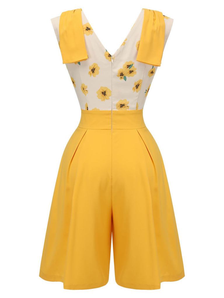 Yellow 1940s V-Neck Sunflower Patchwork Jumpsuit, vintage romper, retro jumpsuit - perfect for women who love vintage and retro fashion