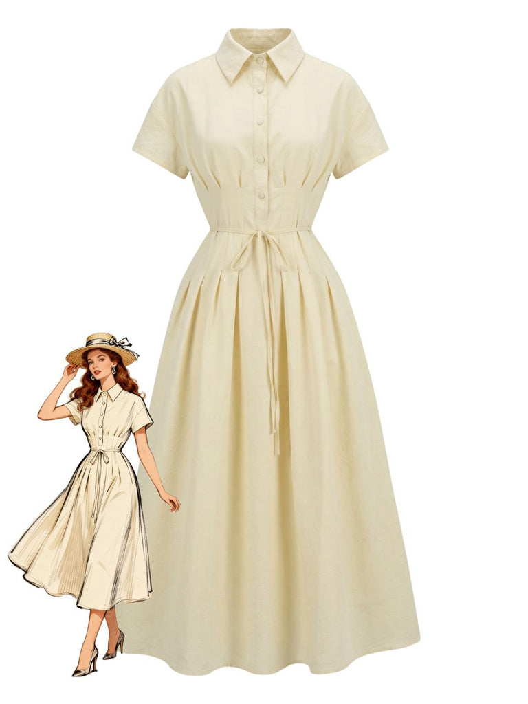 Yellow 1940s Waist-Tie Button Shirt Collar Dress - vintage dress, retro fashion