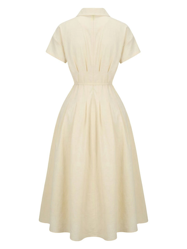 Yellow 1940s Waist-Tie Button Shirt Collar Dress - vintage dress, retro fashion