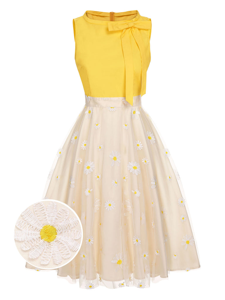 Yellow 1950s Daisy Bowtie Patchwork Dress, vintage dress, retro fashion, rockabilly, pin-up fashion - perfect for women who love vintage and retro fashion