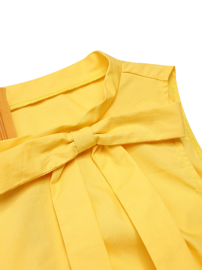 Yellow 1950s Daisy Bowtie Patchwork Dress, vintage dress, retro fashion, rockabilly, pin-up fashion - perfect for women who love vintage and retro fashion