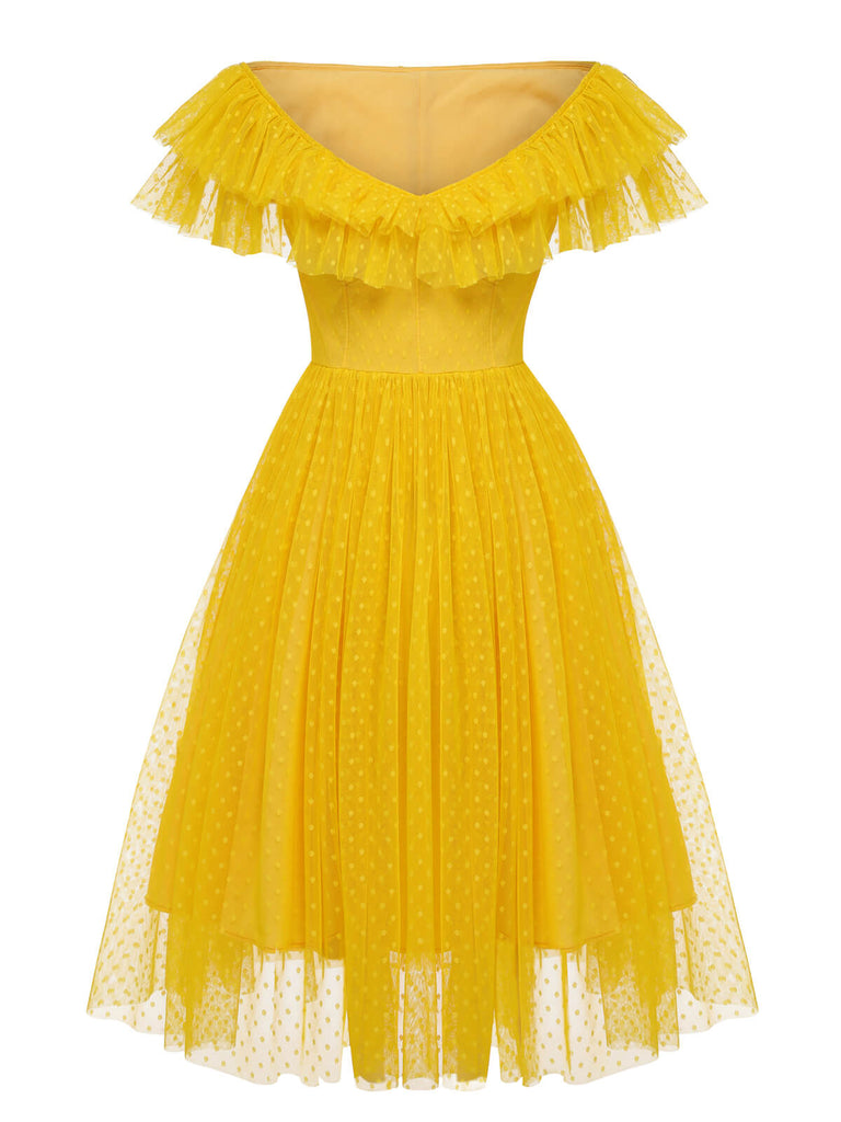 Yellow 1950s Dots Off-Shoulder Mesh Swing Dress — vintage elegance for the modern woman
