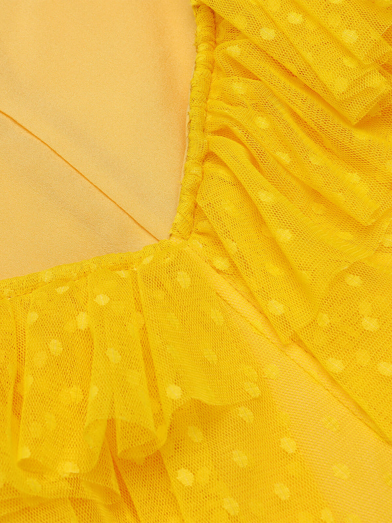 Yellow 1950s Dots Off-Shoulder Mesh Swing Dress: timeless style reimagined