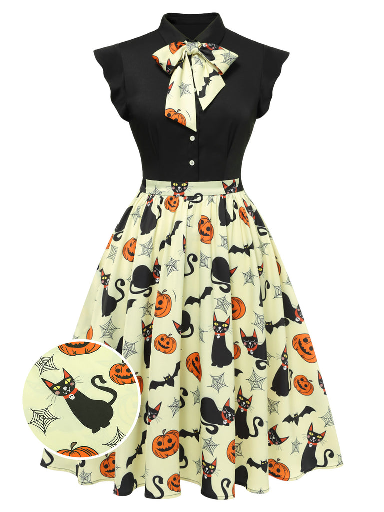 Yellow 1950s Halloween Bow Lapel Dress, vintage dress, retro fashion, rockabilly, pin-up fashion - perfect for women who love vintage and retro fashion