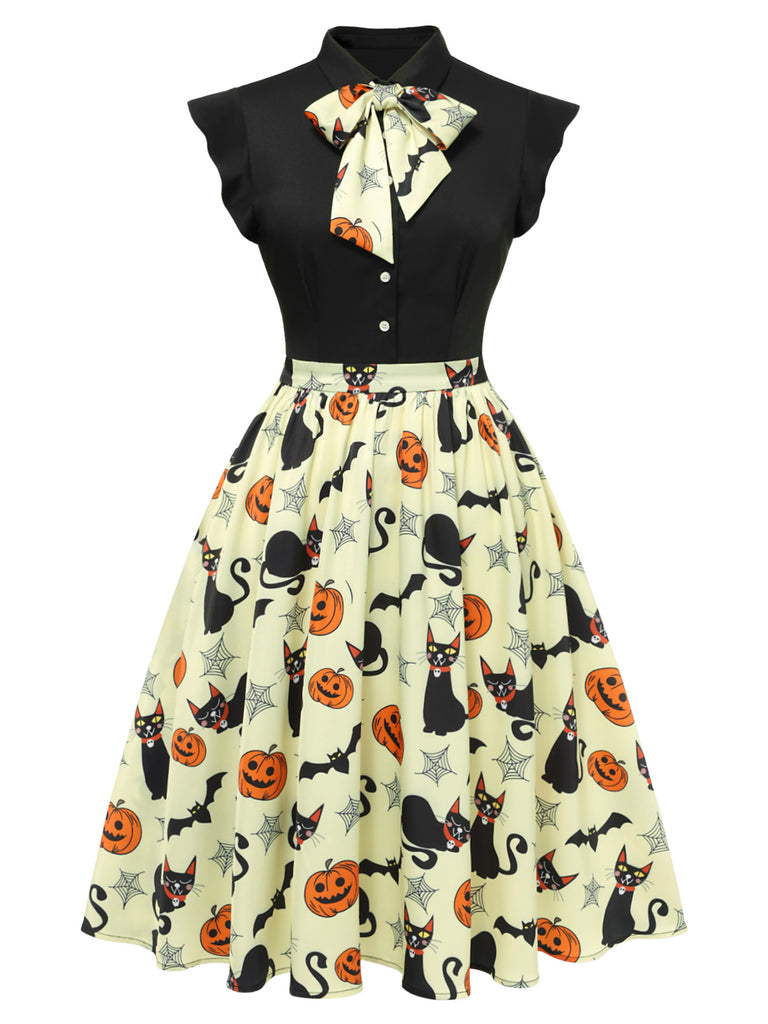 Yellow 1950s Halloween Bow Lapel Dress, vintage dress, retro fashion, rockabilly, pin-up fashion - perfect for women who love vintage and retro fashion