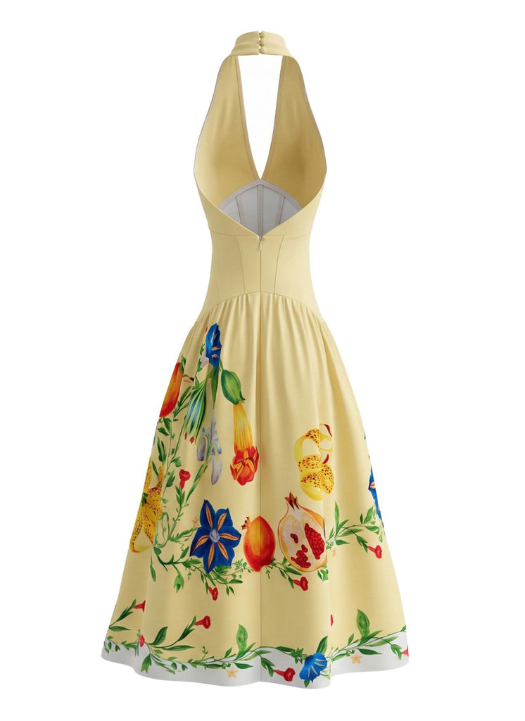 Yellow 1950s Halter Backless Floral Dress, vintage dress, retro fashion, rockabilly, pin-up fashion - perfect for women who love vintage and retro fashion