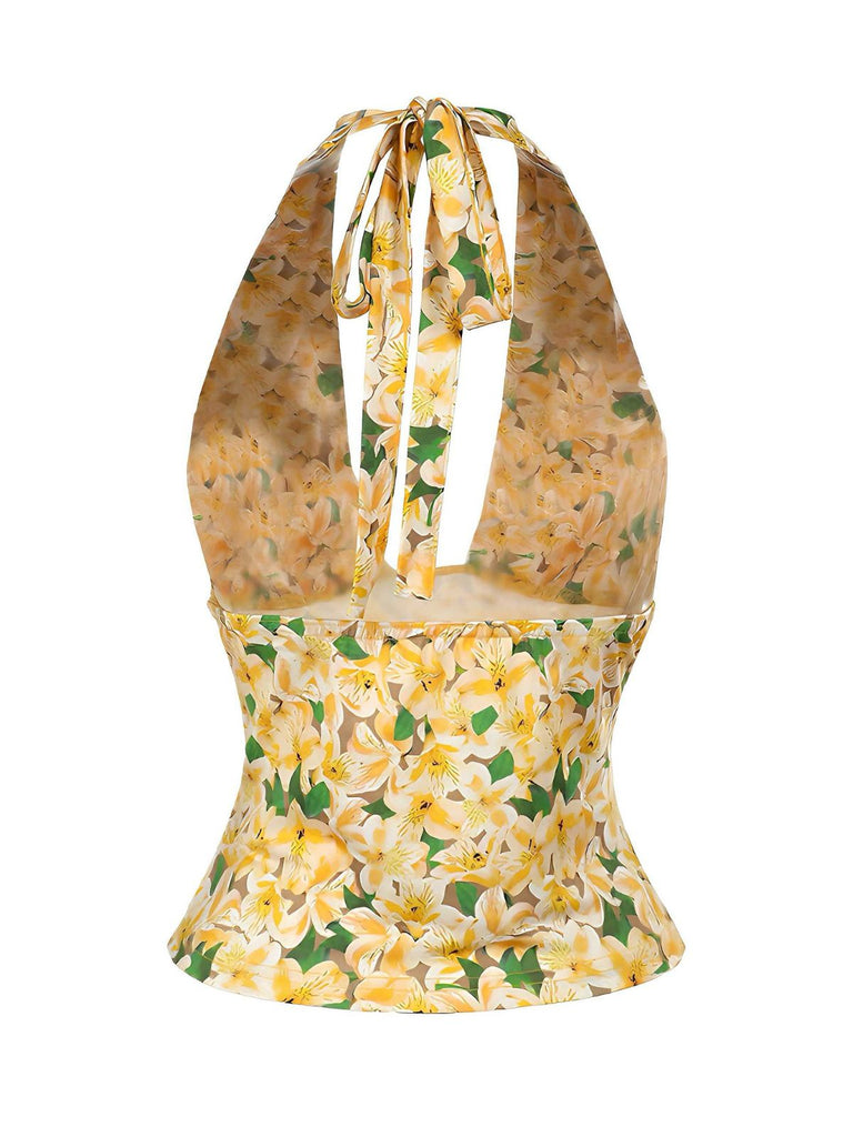 Yellow 1950s Halter Deep V-Neck Lily Top - vintage fashion, retro style