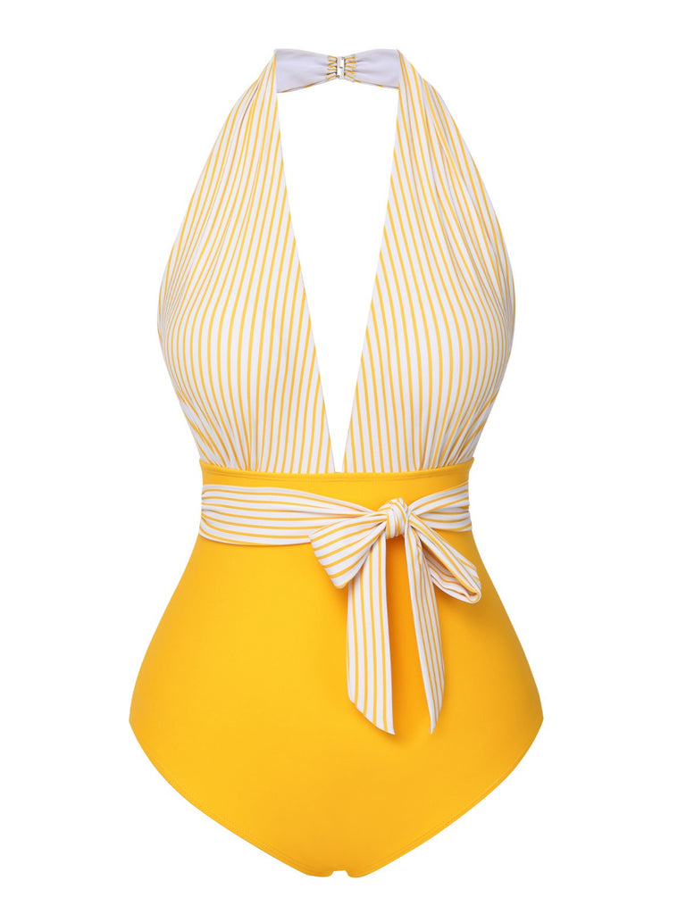 Yellow 1950s Halter Striped Patchwork Swimsuit, vintage swimsuit, pin-up swimwear - perfect for women who love vintage and retro fashion