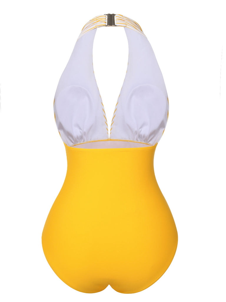 Yellow 1950s Halter Striped Patchwork Swimsuit, vintage swimsuit, pin-up swimwear - perfect for women who love vintage and retro fashion