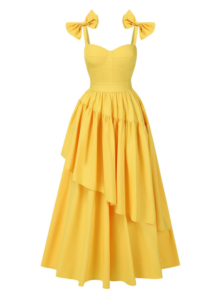 Yellow 1950s Heart Neck Bow-Strap Tiered Dress: where 1950s romance meets her modern spirit