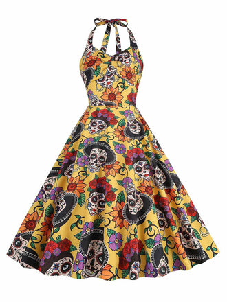 She slips into this Yellow 1950s Hippie Skull Bow Halter Swing Dress and suddenly it's a 1950s daydream