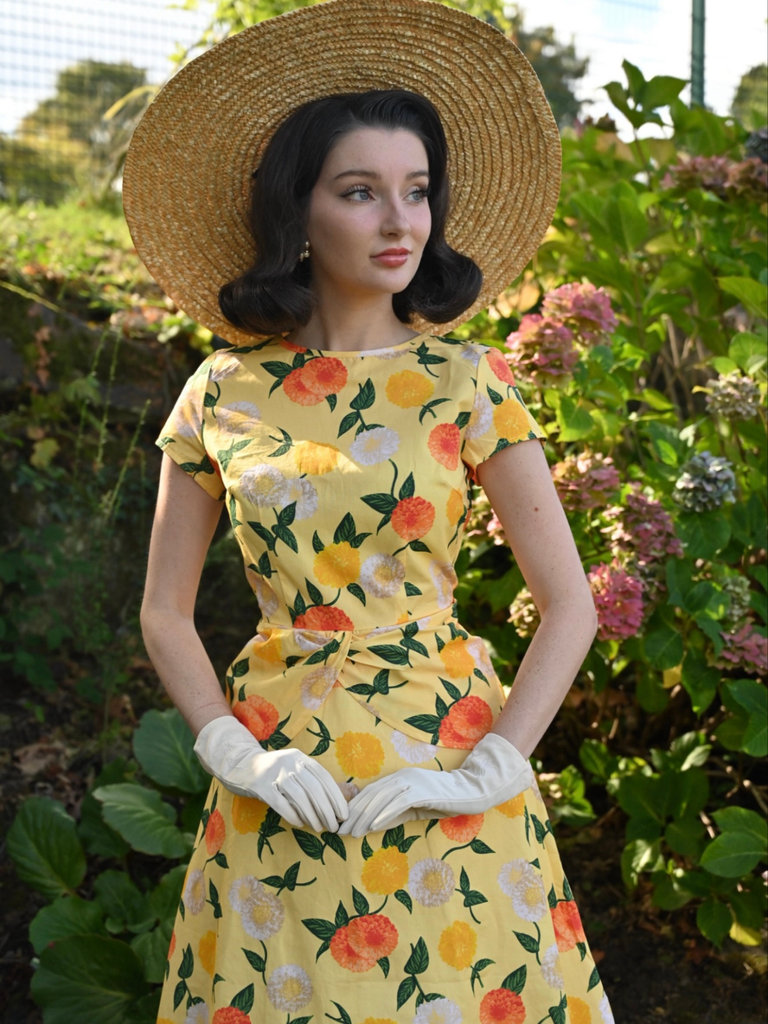 Yellow 1950s Hydrangea Floral Ruched Dress - vintage dress, retro fashion, rockabilly