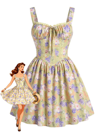 Yellow 1950s Lace Fitted Spaghetti Strap Patchwork Dress