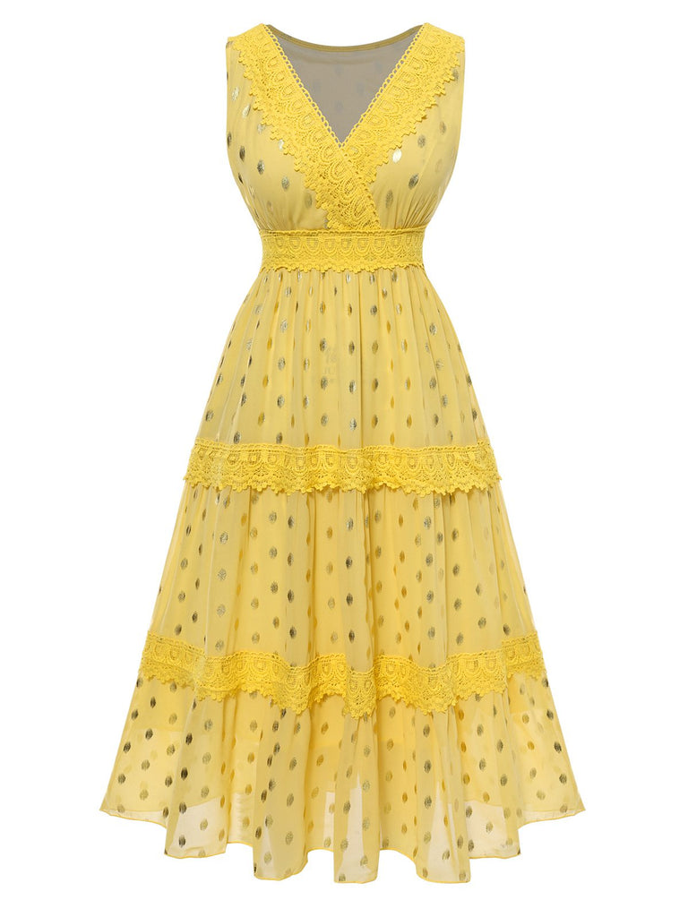Yellow 1950s Lace Patchwork Polka Dots Dress, vintage dress, retro fashion, rockabilly, pin-up fashion - perfect for women who love vintage and retro fashion