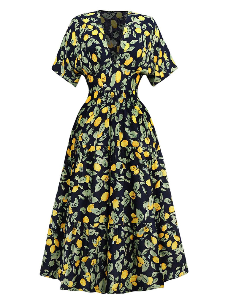 Yellow 1950s Lemon V-Neck Smocked Chiffon Dress - vintage dress, retro fashion, rockabilly