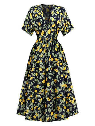 Yellow 1950s Lemon V-Neck Smocked Chiffon Dress - vintage dress, retro fashion, rockabilly
