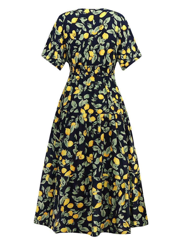 Yellow 1950s Lemon V-Neck Smocked Chiffon Dress - vintage dress, retro fashion, rockabilly