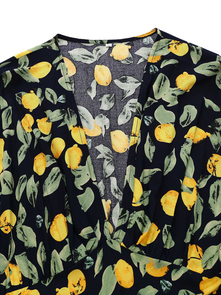 Yellow 1950s Lemon V-Neck Smocked Chiffon Dress - vintage dress, retro fashion, rockabilly