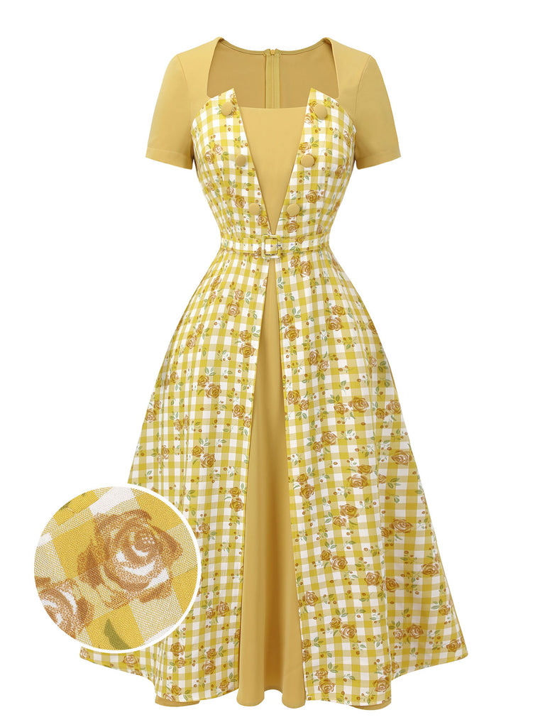 Yellow 1950s Plaid Rose Panel Raglan Dress, vintage dress, retro fashion, rockabilly, pin-up fashion - perfect for women who love vintage and retro fashion