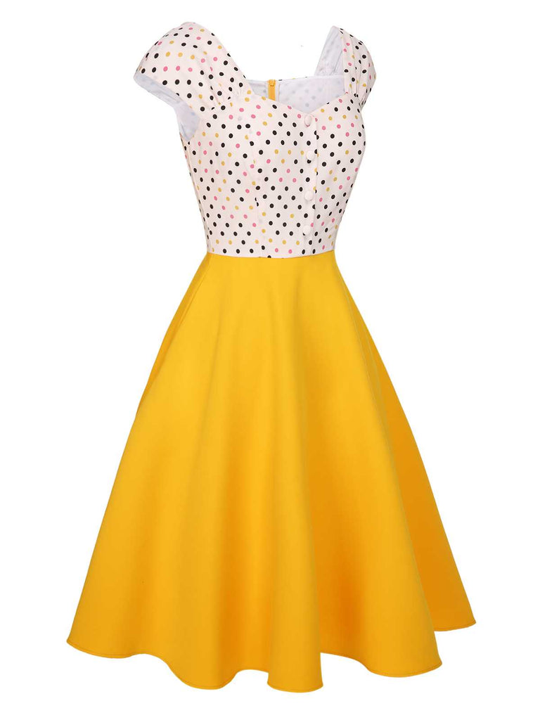 This Yellow 1950s Polka Dots Button Dress wraps her in 1950s elegance, one twirl at a time