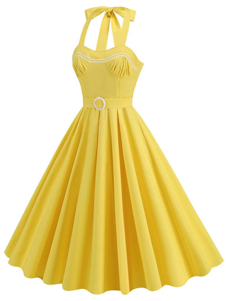 Yellow 1950s Solid Halter Belted Dress, vintage dress, retro fashion, rockabilly, pin-up fashion - perfect for women who love vintage and retro fashion