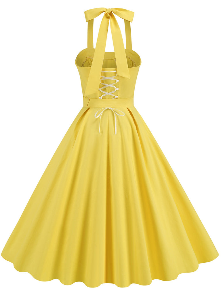 Yellow 1950s Solid Halter Belted Dress, vintage dress, retro fashion, rockabilly, pin-up fashion - perfect for women who love vintage and retro fashion