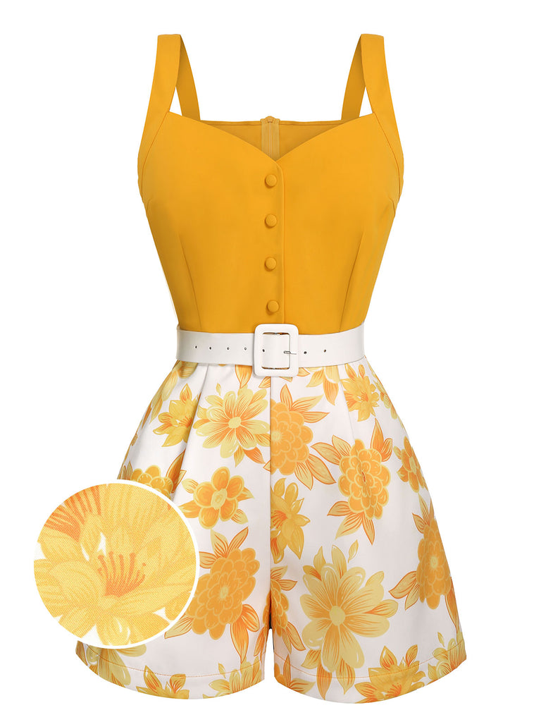 Yellow 1950s Spaghetti Strap Floral Romper, vintage romper, retro jumpsuit - perfect for women who love vintage and retro fashion