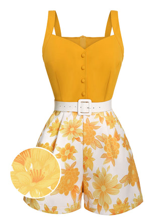 Yellow 1950s Spaghetti Strap Floral Romper, vintage romper, retro jumpsuit - perfect for women who love vintage and retro fashion