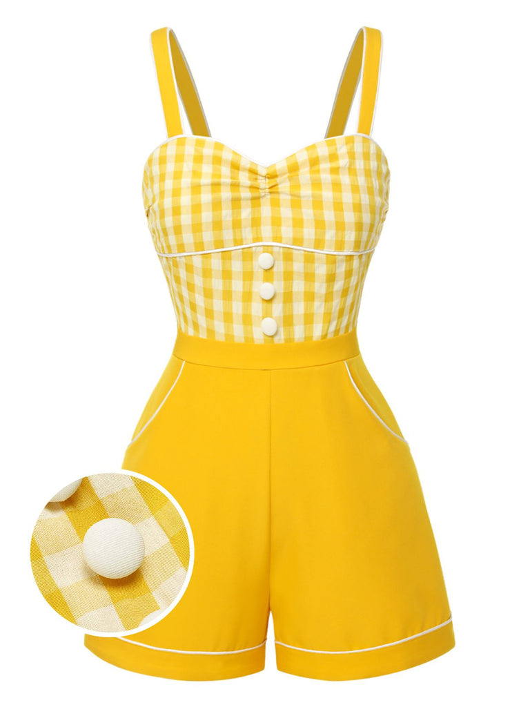 She finds her 1950s story in this Yellow 1950s Spaghetti Strap Plaids Romper