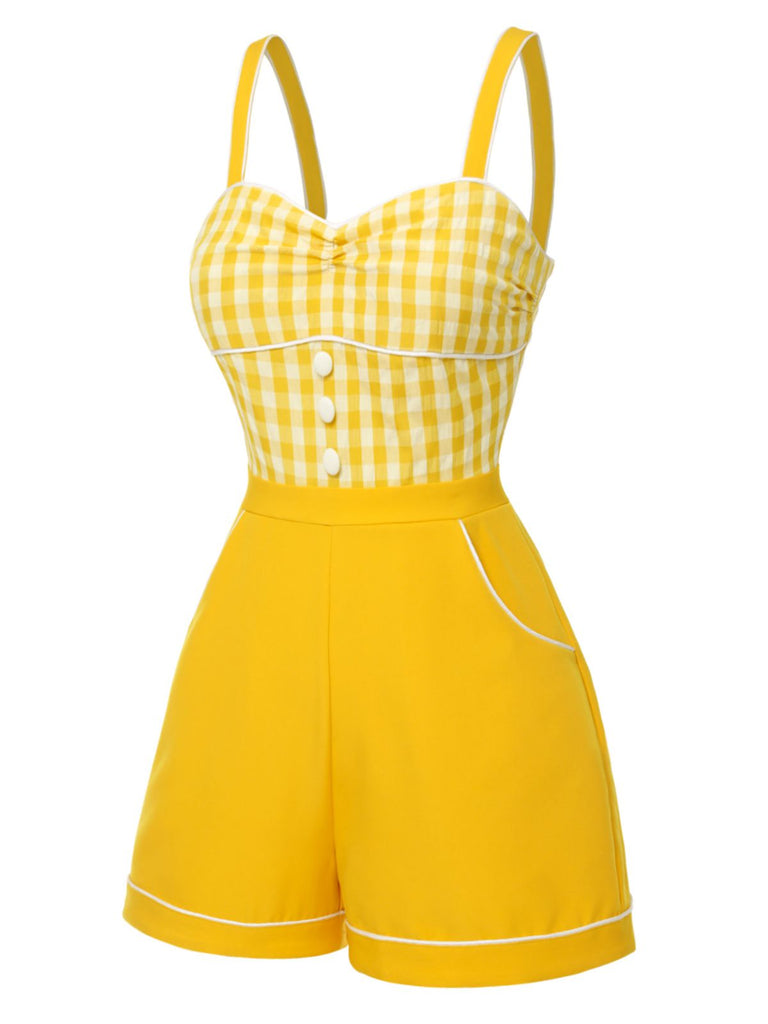 This Yellow 1950s Spaghetti Strap Plaids Romper whispers 1950s secrets to those who notice