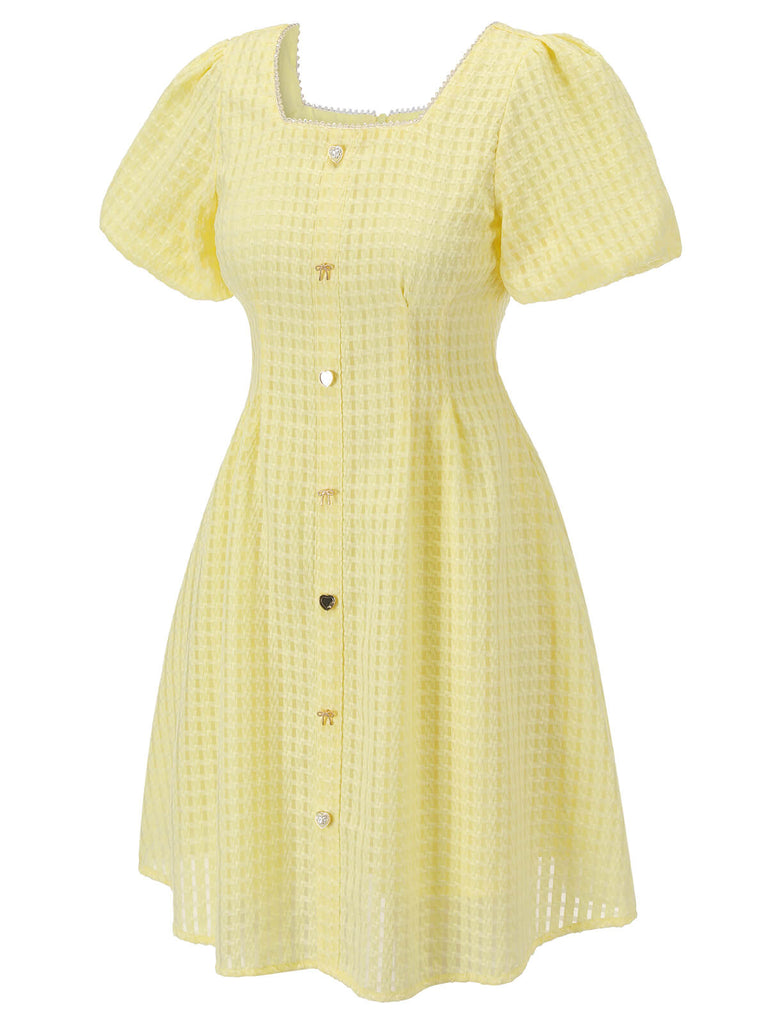 Yellow 1950s Square Neck Buttons Mini Dress, vintage dress, retro fashion, rockabilly, pin-up fashion - perfect for women who love vintage and retro fashion