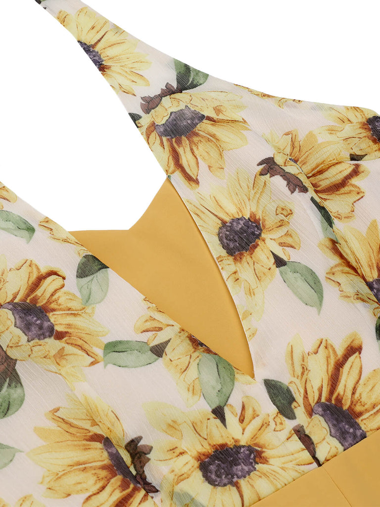 Yellow 1950s Sunflower Halter Romper: timeless style reimagined