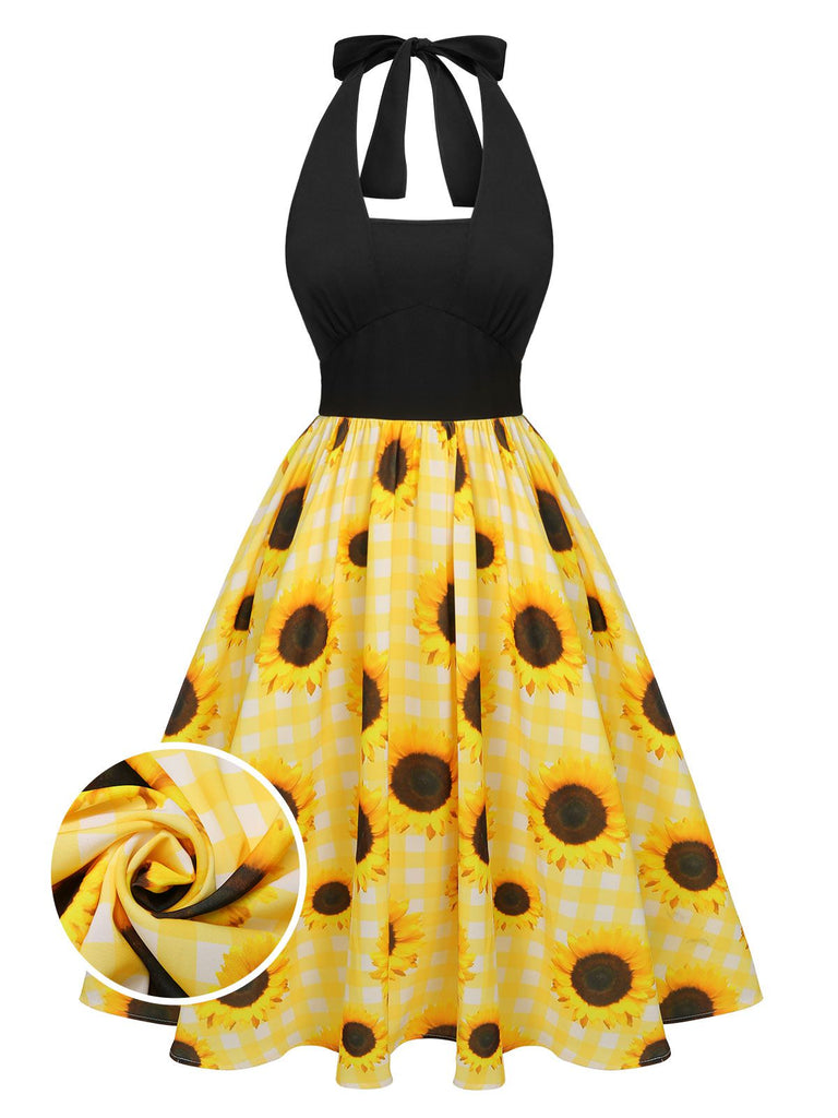 Yellow 1950s Sunflower Plaid Halter Dress, vintage dress, retro fashion, rockabilly, pin-up fashion - perfect for women who love vintage and retro fashion