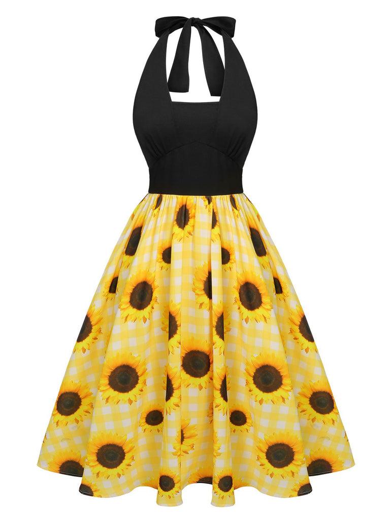 Yellow 1950s Sunflower Plaid Halter Dress, vintage dress, retro fashion, rockabilly, pin-up fashion - perfect for women who love vintage and retro fashion
