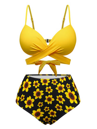 Yellow 1950s Sunflower Tie Back Bikini Set - vintage fashion, retro style