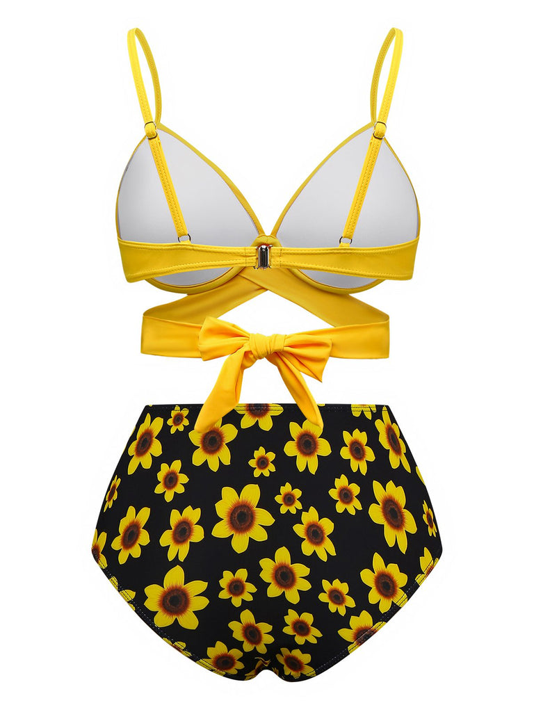 Yellow 1950s Sunflower Tie Back Bikini Set - vintage fashion, retro style